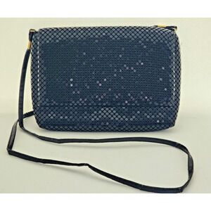 PURSE-HANDBAG-CLUTCH-Black Mesh-Shoulder Strap-Snap Closure-Shiny